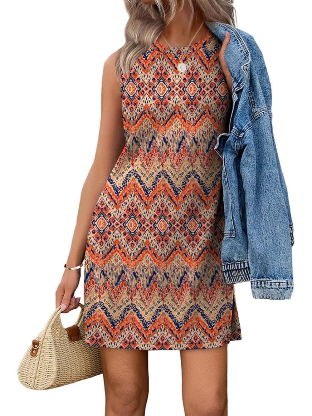 Women's Floral Bohemian Polyester Blend Sleeveless Crew Neck Pull On Mini Dress